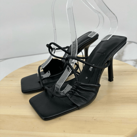 Zara Womens Leather Asymmetrical Heeled Sandals Size 7 Minimalist - Picture 2 of 14